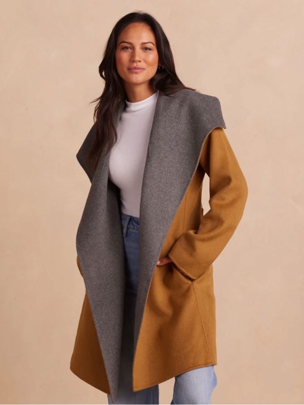 Summersalt The Warmest Wool Wrap Coat Mustard Gray Belted Luxury Capsule